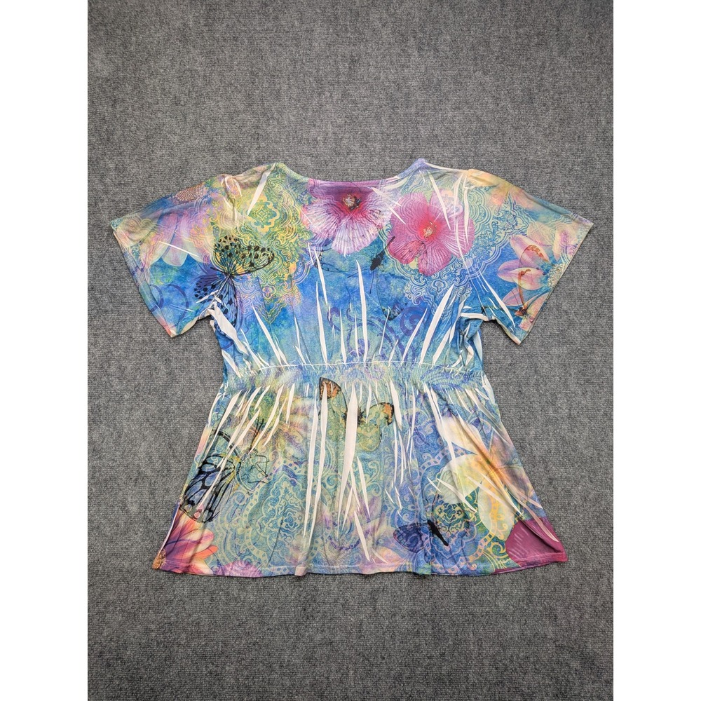 y2k Faded Glory‎ Womens 2X Floral Butterfly Print V Neck Top Rhinestone Colorful - Picture 6 of 7